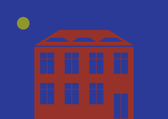 Simple vector illustration of a red house with windows and doors on a dark blue background and a moon in the sky.