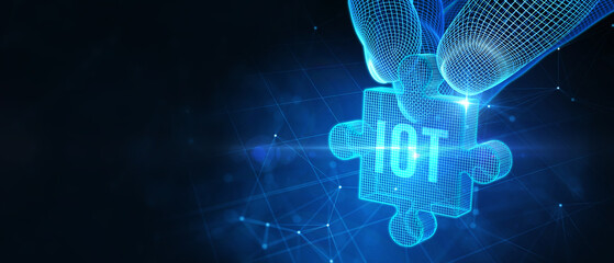 Obraz premium Internet of things - IOT concept. Businessman offer IOT products and solutions. The future of technology. Virtual screen of the future with the inscription: IOT. 3d illustration