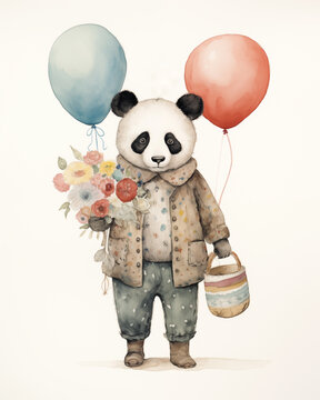 boy Panda portrait with flowers and baloons, wearing clothes / jacket, cute watercolor illustration, woodland animals, bohemian boho poster wallpaper drawing