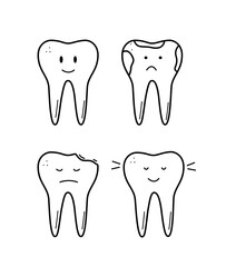 Icons of teeth with doodle emotions. Concept of healthy teeth and and sick teeth. Vector illustration of dental care.