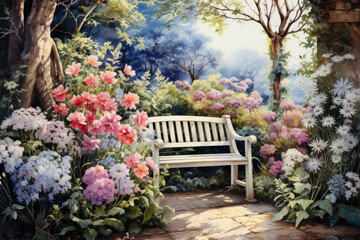 Bench in a Blooming Garden