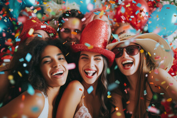 Selfie of happy moments in the photo booth. Group of diverse friends together sharing laughter and positive energy taking a snapshot of the moment. Effervescent glitter with shine and festive essence. - obrazy, fototapety, plakaty