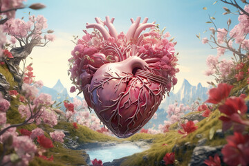 Valentines day whimsical surreal heart in full pink bloom spring landscape