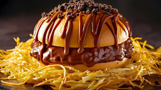 A glistening McFlurry sandwich, nestled in a bed of golden hash browns, drizzled with rich chocolate sauce and sprinkled with glistening oreo crumbs