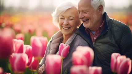 Foto op Plexiglas Joyful mature couple in red tulip flowers spring blooming field sharing a moment © dvoevnore