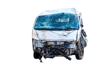 Front of white van car get damaged by accident on the road. damaged cars after collision. isolated...