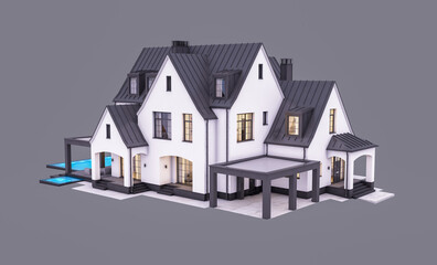 3d rendering of cute cozy white and black modern Tudor style house with parking  and pool for sale or rent with beautiful landscaping. Fairy roofs. In evening Isolated on gray