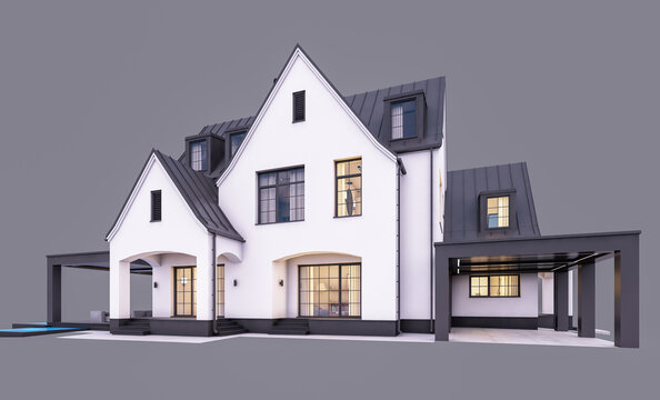 3d rendering of cute cozy white and black modern Tudor style house with parking  and pool for sale or rent with beautiful landscaping. Fairy roofs. In evening Isolated on gray