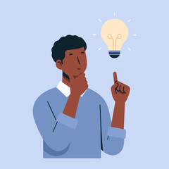 Fototapeta na wymiar Minimalist Illustration of People with Brilliant Ideas. Thinking Person with Lighted Bulb. Symbol of Creativity and Innovation