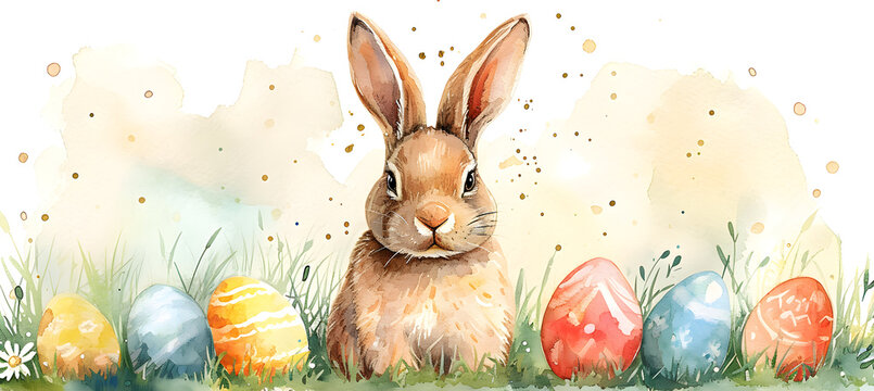 banner of watercolour illustration of bunny and easter eggs 