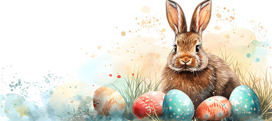 banner of watercolour illustration of bunny and five easter eggs 