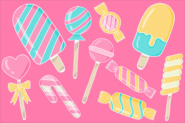 Candies, lollipop, sugar caramel in wrapper, gums and twisted marshmallow on stick. Vector set of sweets, spiral lollypops, striped bonbons and bubblegums isolated on pink background