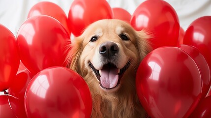 A playful and charming golden retriever dog with red balloons celebrates Valentines Day