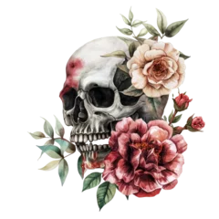 Papier Peint Lavable Crâne aquarelle skull head and flower rose art watercolor painting drawing isolated on transparent background