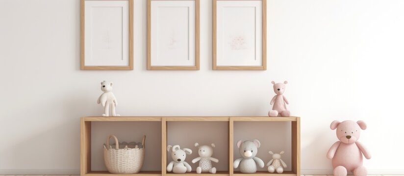 Three empty vertical frames for nursery wall art display, white frames, wooden shelf with soft and wooden toys.