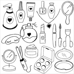 Doodle illustration of cosmetic and make up tools such as brush, lipstick, mascara, cream, nail polish, ointment, comb etc. Black and white line illustration.