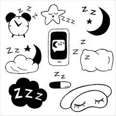 Sleep icons, night dreams and bedtime items, bed pillow, moon and bedroom vector symbols.
