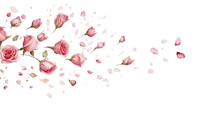 painting Roses with buds and petals on white background, valentines day concept  - obrazy, fototapety, plakaty