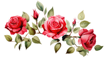 painting Roses with buds and petals on white background, valentines day concept