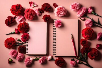 A mix of red and pink carnations adorning a notebook mockup against a blush pink background, exuding love and admiration.