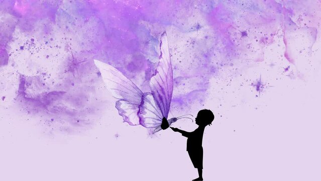 Purple butterfly feels safe in the palms of a small child