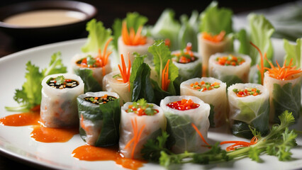 the variety of vegetables used in these delectable spring rolls, the accompanying dipping sauces, and the presentation that makes them a visual delight - obrazy, fototapety, plakaty