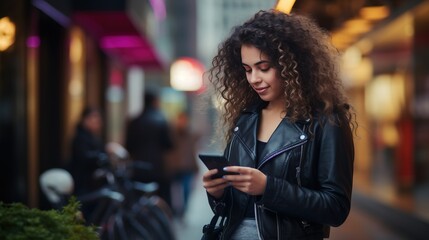 Capture the essence of a young woman with curly hair and a black leather jacket, absorbed in using her mobile phone on the vibrant city street - obrazy, fototapety, plakaty