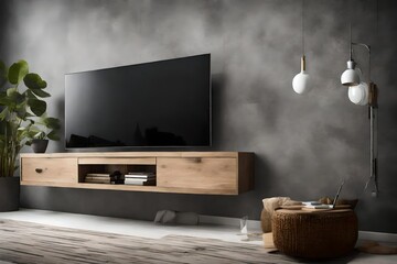 A floating TV stand with a large flat-screen TV mounted on a gray feature wall.