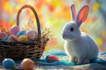 Cute hare rabbit sits near a basket with colorful eggs on the eve of Easter celebrations against blurred bright background