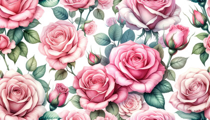 Watercolor illustration of seamless pattern with pink roses on white background. Generative ai.