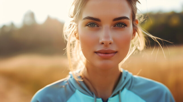 Close-up of a smiling young woman with clear skin, in sportswear with her hair pulled back and earphones, taking a break from a workout or enjoying a moment outdoors.