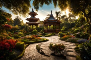 An expansive botanical garden with a diverse range of exotic plants and flowers, arranged in meticulously designed patterns, with winding pathways and hidden gazebos for quiet contemplation.