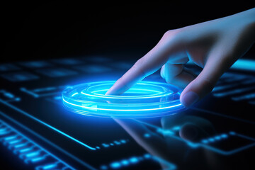Hand touching a button on a touch screen interface. 3d rendering.  - obrazy, fototapety, plakaty