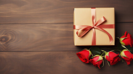 An elegant gift box with a peach ribbon on a wooden surface, accompanied by two red roses, evoking a sense of romance or a special occasion such as an anniversary, Valentine's Day