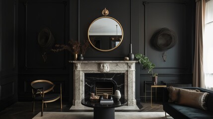 A black marble fireplace with an oversized circula. AI generated