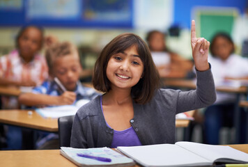 Students, portrait and raise hand in class, elementary school and ask teacher question. Workbook,...
