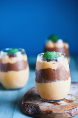 Delicious vegan mango chocolate pudding garnished with mint leaves. Selective focus with blurred background.