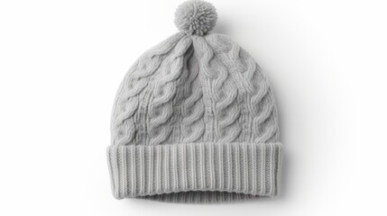 Gray knitted bobble hat flat lay isolated on white background isolated on white background,