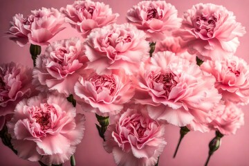A cluster of pink carnation flowers, their ruffled petals and sweet fragrance adding a touch of femininity against a soft pink background.