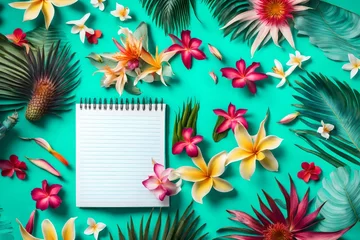 Foto op Plexiglas anti-reflex A mix of exotic tropical flowers and a notebook mockup on a vibrant turquoise background, creating a tropical paradise vibe. © WOW