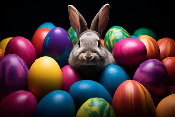 Fototapeta na wymiar Cute hare rabbit sits among colorful eggs on the eve of Easter celebrations against dark background