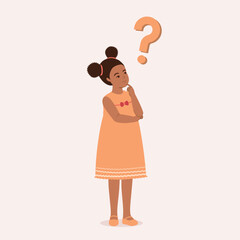 One Curious Black Little Girl Standing And Thinking Question With Her Hand On Chin. Full Length.