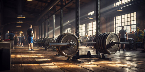 Barbell on a Gym Background. Banner with place for text