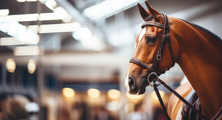 Horse with Saddle on an Equestrian Center Background. Banner with place for text