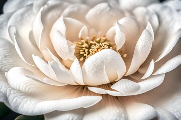 A close-up of a delicate white camellia flower, its layers of petals forming a perfect circle against a muted ivory background.