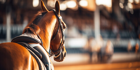 Horse with Saddle on an Equestrian Center Background. Banner with place for text