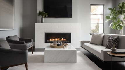 A chic white fireplace surrounded by sleek gray stone. AI generated