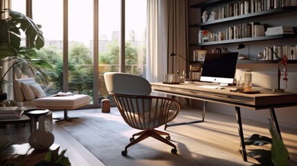 Fototapeta premium A chic workspace bathed in natural light and furniture. AI generated