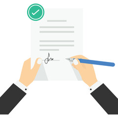 Sign the contract. Businessman cartoon character holding pen. Official document, Legal contract with signature. agreement, commitment agreement. Isolated vector concept metaphor illustration

