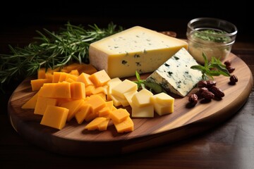 cheddar and roquefort on cheese plate served on wooden board isolated on black background